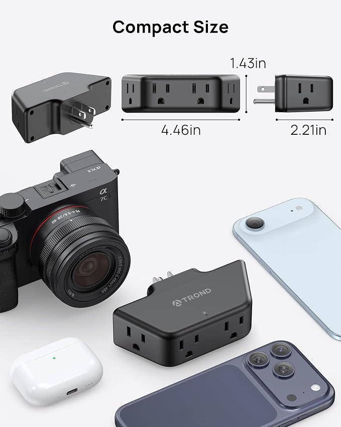 TROND Black 360 Rotating Plug Outlet Extender Surge Protector, 2 Pack | Wall Plug Splitter with 4 Grounded Socket, 3 Way Angled Design, Space-Saving, 900J, for Bathroom Kitchen Office Bedroom
