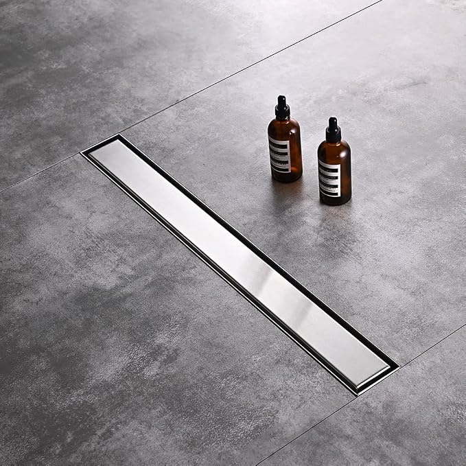 Linear Shower Floor Drain, 18 Inch Brushed Nickel 304 Stainless Steel Bathroom Drains Kit, Rectangular Shower Trench Drain with Reversable Tile-in Pattern Drain Cover & Hair Catcher