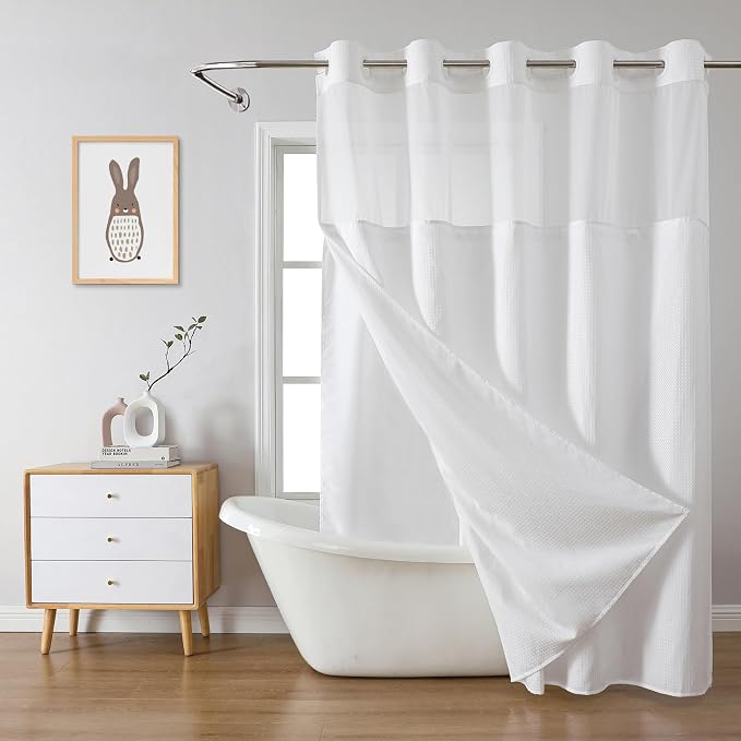 eachope No Hook Long Waffle Shower Curtain, Snap-in Liner, 71x86 in, White | 230 GSM waffle weave fabric, waterproof liner set with 2 bottom magnets, mesh top window, washable, for bathroom or hotel use