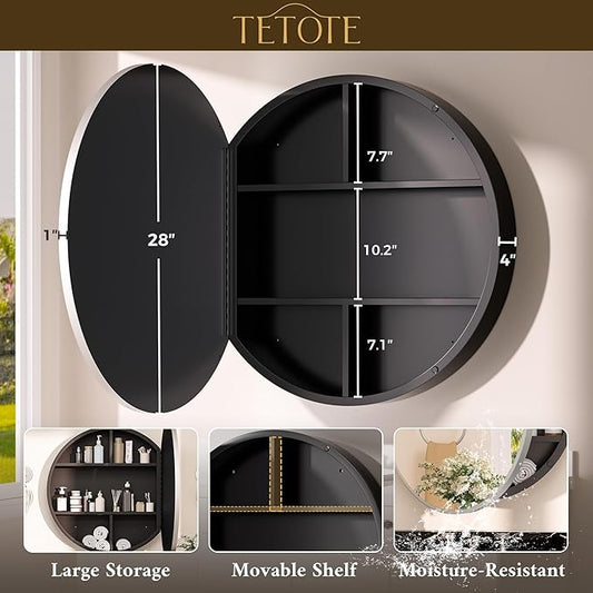 TETOTE Bathroom Mirror Cabinet 30 x 30 Matte Silver Gray Round Bathroom Medicine Cabinet with Mirror Adjustable Shelves Farmhouse Wall Mirror with Storage Surface Mounted