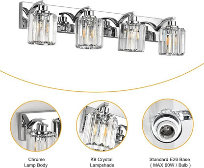 4 Lights Crystal Bathroom Vanity Light Modern Chrome Bathroom Light Fixture Bathroom Lighting Fixtures Over Mirror for Mirror E26 Base