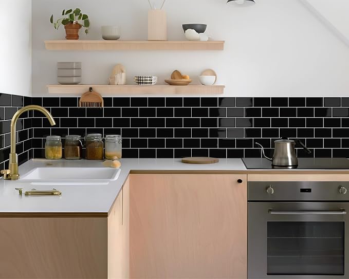 Black Peel and Stick Backsplash Subway Tile for Kitchen 10-Sheet | Thick,Self Adhesive,Wall,Sticky,Brick,for Bathroom,Laundry,Sink,12"×12"