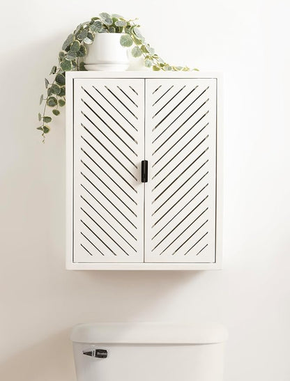 Kate and Laurel Mezzeta Decorative Coastal Two-Door Floating Bathroom Cabinet; 22 x 7 x 28; White; Decorative Over Toilet Storage Cabinet for Use as Bath Storage or Living Room Decor