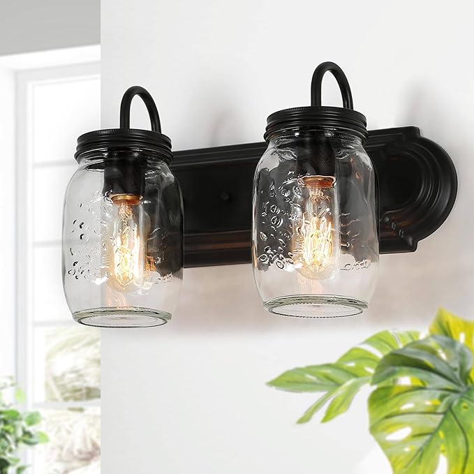 LALUZ Bathroom Vanity Light Fixtures, 2-Light Black Mason Jar Vanity Lights for Bathroom, 14'' Farmhouse Rustic Bathroom Lights Over Mirror