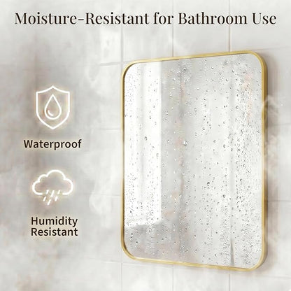 30x36 Inch Brushed Gold Rounded Rectangle Bathroom Vanity Mirror | For Over-Sink Bathrooms, Corrosion-Resistant Aluminum Frame, Slim Front Profile, Two-Way Mount, Protective Packaging