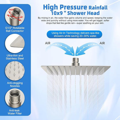 Metal 10" Rain Shower Head with Handheld, 10-Mode with Filter, Easy Reach | Brushed Nickel, High-Pressure Rainfall Showerhead, 4-Way Diverter Pause Mode, Adjustable 16" Extension Arm/71" Hose/Holder