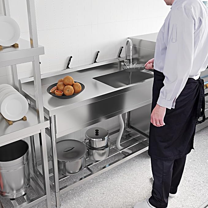 Free Standing Utility Sink, 39" Single Bowl Stainless Steel Commercial Sink with Cold and Hot Water Pipe & Workbench, for Kitchen, Laundry | Free Standing Utility Sink with Cold and Hot Water Pipe & Workbench, for Kitchen, Laundry