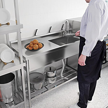 Free Standing Utility Sink, 39" Single Bowl Stainless Steel Commercial Sink with Cold and Hot Water Pipe & Workbench, for Kitchen, Laundry | Free Standing Utility Sink with Cold and Hot Water Pipe & Workbench, for Kitchen, Laundry