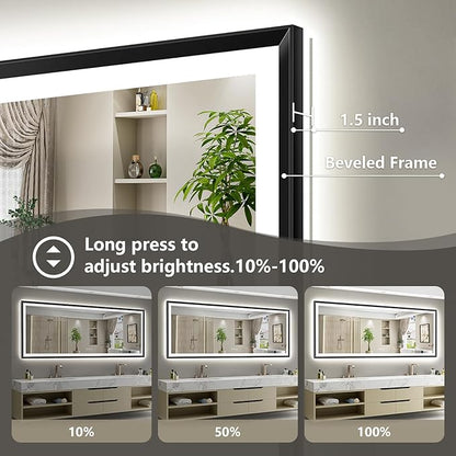 60x40 Black Framed LED Bathroom Mirror with Lights, Backlit and Front Light, Lighted Bathroom Vanity Mirror for Wall Dimmable Anti-Fog Memory Tempered Glass Horizontal/Vertical