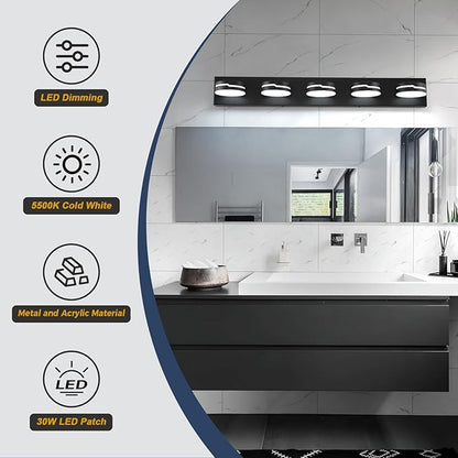 Vanity Lights for Bathroom, 32.28in Matte Black Bathroom Light Fixtures Over Mirror, 5-Light Modern LED Wall Sconce Makeup Lighting, 350° Rotatable, Dimmable 5500K Cool White, Hardwired