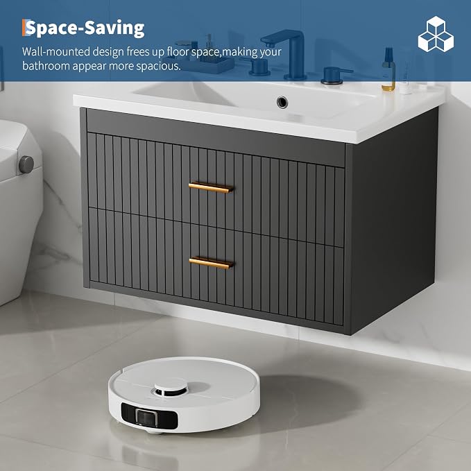 24 Inch Floating Bathroom Vanity with Sink - Modern Wall Mounted Vanity with Ceramic Sink, 2 Large Drawers, Waterproof & Easy Clean