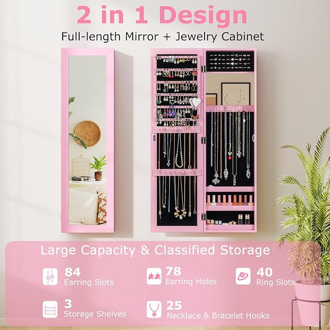 COSTWAY Full Length Mirror Jewelry Armoire, Wall Door Mounted Jewelry Cabinet Organizer with Makeup Mirror, Ring Slots and Necklace Hooks for Bedroom, Dressing Room (Pink)
