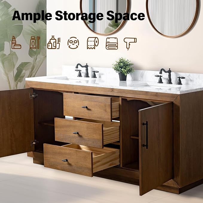 Vanity Art 72 inch Double Sink Bathroom Vanity, Modern Wood Bath Vanity with Carrara Marble Top, Vanity Cabinet with Doors, Removable Shelf, Solid Wood Frame, Tan, VA7072DE