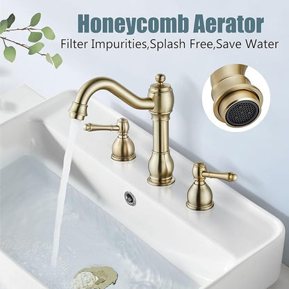Aolemi 8 Inch Widespread Bathroom Sink Faucet 3 Hole Deck Mount Vanity Basin Mixer Tap with Pop Up Drain Assembly Brushed Gold Double Lever Handle