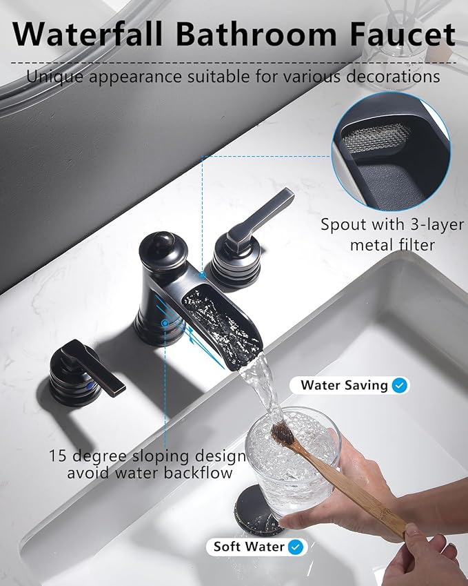 Fapully Oil Rubbed Bronze Bathroom Sink Faucet, Waterfall Bathroom Faucets 3 Hole, 8 Inch Widespread Bathroom Faucet with Pop-up Drain, 2-Handle Faucet for Bathroom Sink Vanity RV