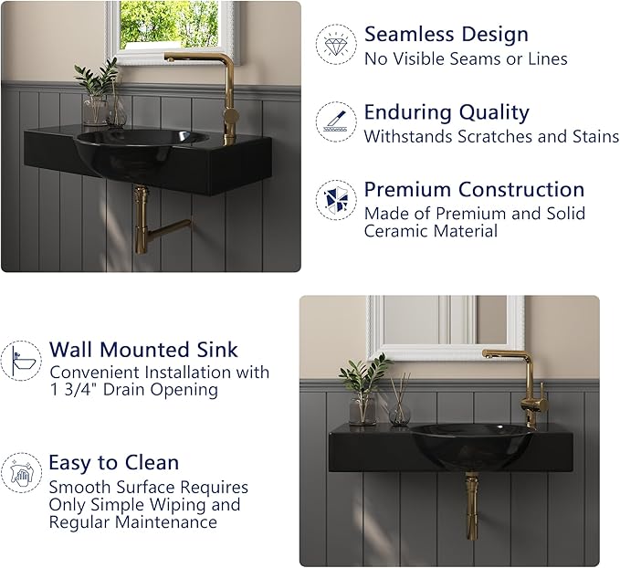 Wall Mounted Bathroom Sink, Deer Valley 30" x 18" Bathroom Vessel Sink, Black Modern Floating Countertop Lavatory Wall Hung Vessel Sink with Right Side Faucet Mount