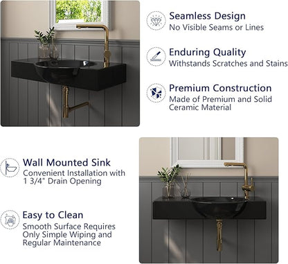 Wall Mounted Bathroom Sink, Deer Valley 30" x 18" Bathroom Vessel Sink, Black Modern Floating Countertop Lavatory Wall Hung Vessel Sink with Right Side Faucet Mount