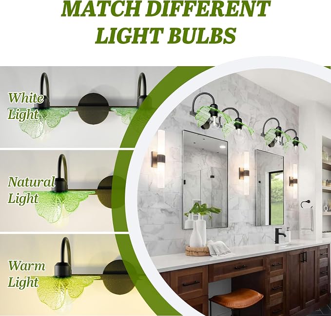 2 Light Vintage Wall Sconces with Glass Shades,Vanity Light,Bathroom Light,Wall Lighting Fixture for Mirror,Home Decor Art Wall Light (Black+Green, 2-Lights)
