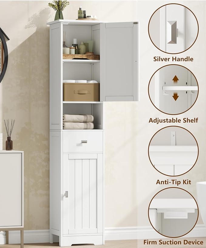 Akxomel 67" H Narrow Tall Bathroom Cabinet with 2 Doors and Storage Drawer | Floor Cabinet with Adjustable Shelves, Anti-Tip Design, 11.0 x 12.6 x 66.9 Inches, for Bathroom, Kitchen，Entryway, White