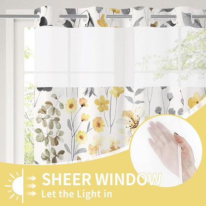 No Hook Yellow Watercolor Floral Shower Curtain and Liner Set, 72x86 | Spring Flower Shower Curtains with Snap-in Liner for Farmhouse Bathroom Decor, Botanical Bathroom Curtain with Leaves