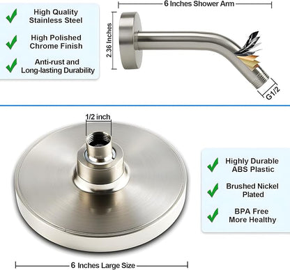 6" Rain Shower Head & 6" Shower Arm, Luxury Brushed Nickel Finish | High Pressure 6 Inch Fixed Showerhead, Adjustable Replacement, 90 Nozzles, Removable Restrictor, Tool-Free Easy to Install