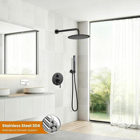 gotonovo Shower Faucet Set with Rough-in Valve Trim Kit,Oil Rubbed Bronze | 10 Inch Round Rain Showerhead with Handheld Spray,Bathroom Wall Mount Shower System Complete Combo,2-in-1 Diverter,All Metal