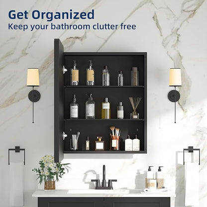 Medicine Cabinet with Mirror, 20x26 Inch Black Bathroom Mirrored Cabinet, Metal Framed Wall Cabinet with Beveled Mirror, Modern Surface Mount or Recessed Medicine Cabinet with Storage
