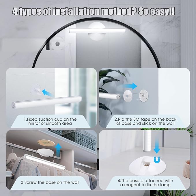 Benature LED Mirror Lights Portable Rechargeable Vanity Light 3 Brightness Touch Control Makeup Light for Bathroom Dressing Room 2 Packs | Portable, Rechargeable, 3 Brightness Levels, Touch Control, For Bathroom Dressing Room