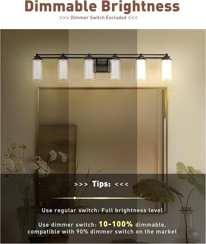 HWH Bathroom Light Fixtures 6-Light, Oil-Rubbed Bronze, 5HLT63B-6W-LED ORB | 36W LED Module, 5CCT 3000K-6500K, Dimmable, Double-Layer Clear and Frosted Glass, 43.7-Inch Fixture, Damp-Proof Metal