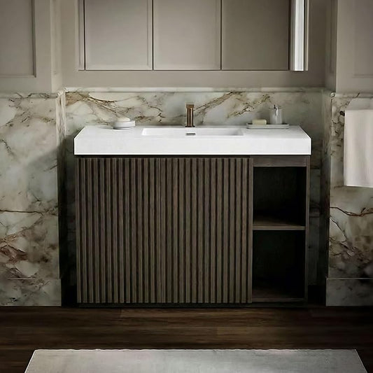 48" Bathroom Vanity with Sink Combo, Mid Century Modern Bathroom Cabinet with Doors & Open Shelf, Glossy White Integrated Sink with Overflow, Dark Grey Oak