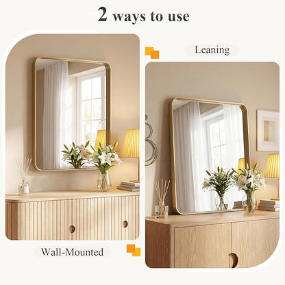 Sweetcrispy Bathroom Mirror 40x32 Inch, Vanity Mirror for Wall | Metal Framed Rounded Rectangle, Over Sink, Farmhouse Restroom, Anti-Rust, Horizontal or Vertical Hanging, Gold