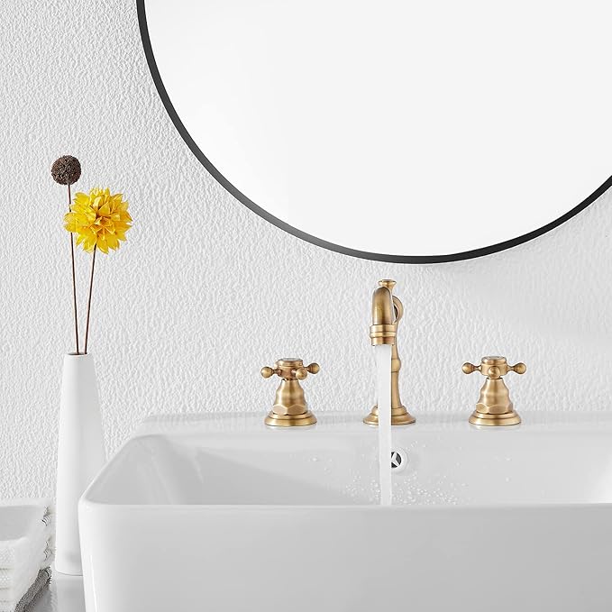 GGStudy 8 inch 2 Handles 3 Holes Widespread Bathroom Sink Faucet Antique Brass Bathroom Vanity Faucet Basin Mixer Tap Faucet Matching Metal Pop Up Drain with Overflow