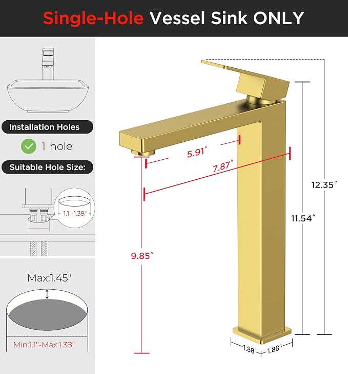 FORIOUS Vessel Sink Faucet Single Hole, Brushed Gold Tall Bathroom Faucets | Modern Tall Single Handle Space Saving Design, with Pop up Drain for Basin Bowl Vanity Lavatory Residential/Commercial Use