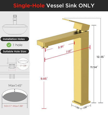 FORIOUS Vessel Sink Faucet Single Hole, Brushed Gold Tall Bathroom Faucets | Modern Tall Single Handle Space Saving Design, with Pop up Drain for Basin Bowl Vanity Lavatory Residential/Commercial Use