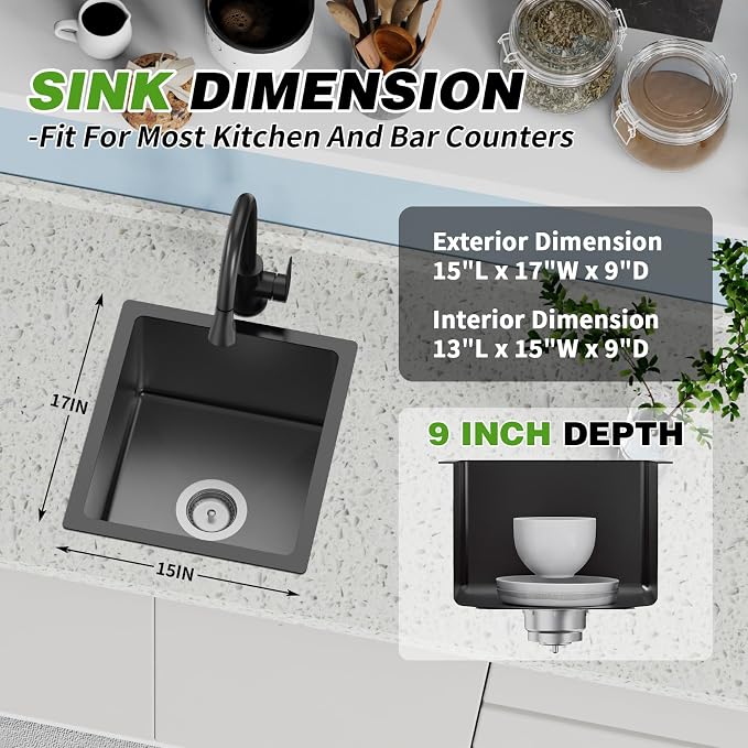 Black 15x17 In Undermount Kitchen And Bar Sink- Stainless Steel Single Bowl Kitchen Sink Modern Drop In Bar Sink With Silicon Mat,Drain Strainer Set Compatibility With Various Kitchen & Bar Style