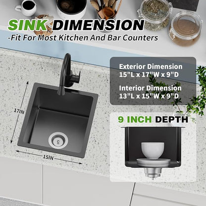 Black 15x17 In Undermount Kitchen And Bar Sink- Stainless Steel Single Bowl Kitchen Sink Modern Drop In Bar Sink With Silicon Mat,Drain Strainer Set Compatibility With Various Kitchen & Bar Style