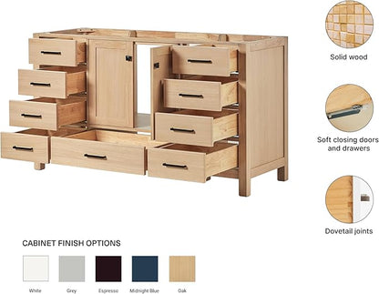 ARIEL Cambridge 60-inch Bathroom Vanity Base Cabinet,Solid Wood, 2 Soft Closing Doors, 9 Dovetail Drawers, White Oak