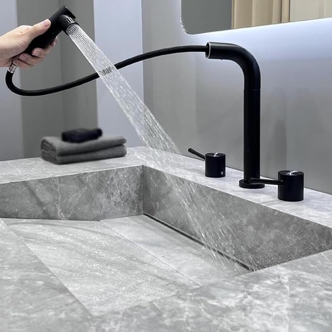 3 Hole Basin Faucets Pull Out Basin Mixer Faucet Brass-Black