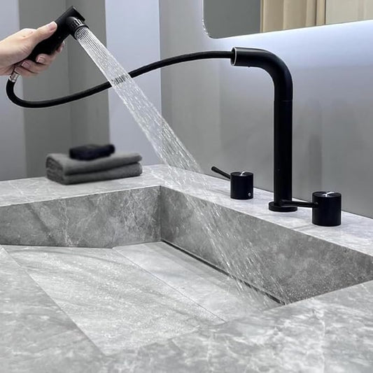 3 Hole Basin Faucets Pull Out Basin Mixer Faucet Brass-Black