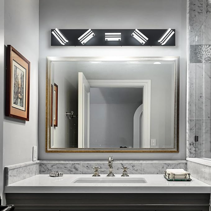SOLFART LED Bathroom Lighting Fixtures - 5 Lights Modern Matte Black Acrylic Vanity Lights for Mirror 32inch 24W
