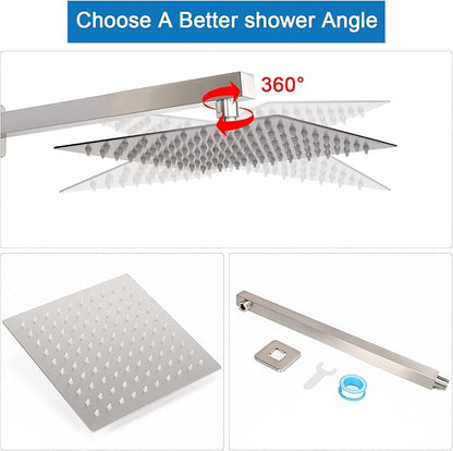 Shower Head with Extension Arm, High Pressure Square with ShowerArm, Stainless Steel Rainfall-Waterfall Full Body Coverage (10'' Shower with 16'' Arm, Brushed Nickel)