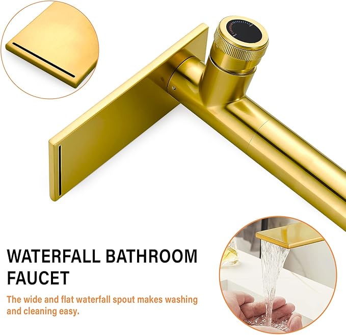 Becola Modern Brushed Gold Tall Waterfall Basin Mixer Tap with Adjustable Knobs and Two Supply Lines
