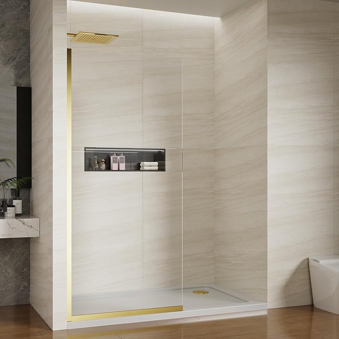 Shower Screen 34" x 74" Half Frameless Shower Wall Panel, Tempered Glass 3/8 inch, Easy to clean Coating, Fixed Glass Shower Door with Hardware (Brushed Gold)