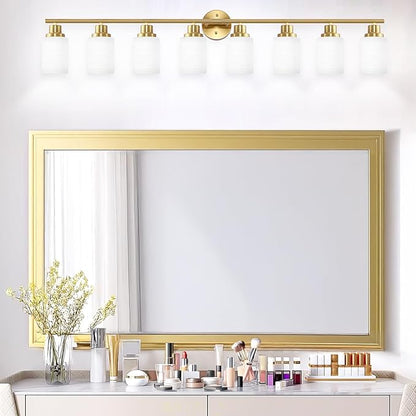 8-Light Vanity Lights, Brushed Gold Bathroom Light Fixture with Striped Textured Milky White Glass Shade, Modern Vanity Lighting Fixture for Bathroom Wall Light Over Mirror, E26 Wall Sconce