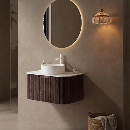 36 inch Floating Bathroom Vanity with Sink, Wall-Mount Cabinet with Ultra-Thin Ceramic Basin and Marble Top, Large Storage Drawer, Soft-Close Design, Dark Walnut