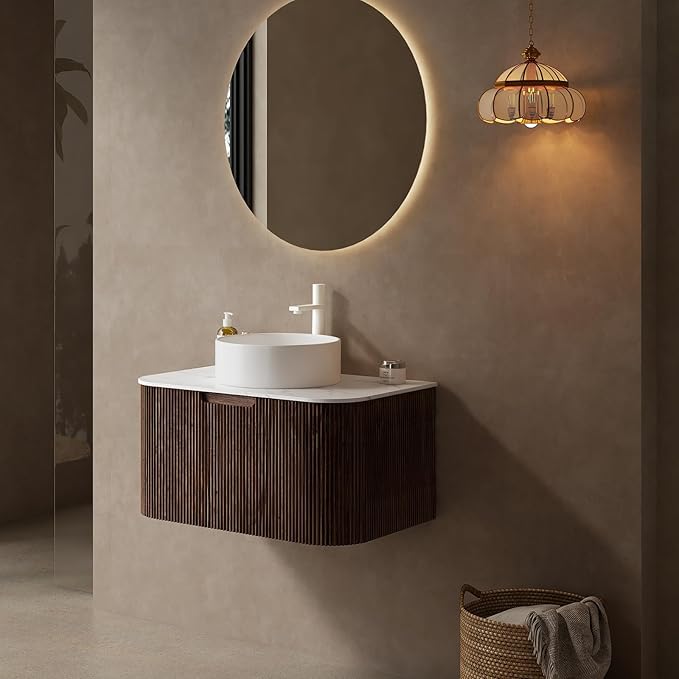 30 inch Floating Bathroom Vanity with Sink, Natural Solid Wood Modern Bathroom Vanities with Ultra-Thin Ceramic Basin and Marble Top, Soft-Close Drawer, Pre-Assembled, Dark Walnut