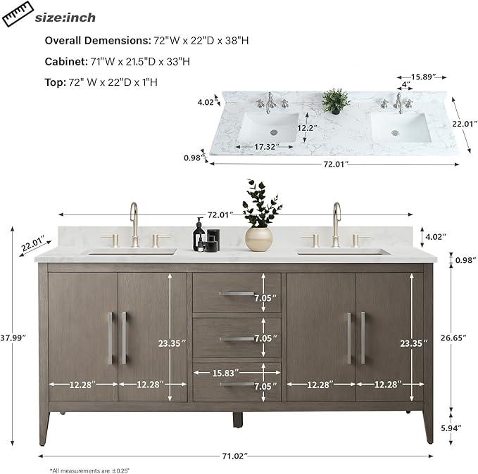 HomeBeyond 72 Inch Bathroom Vanity with Sink & Ceramic Top, Double Vanity Cabinet with Basin, Soft-Closing Doors & Matte Black Hardware, Driftwood Gray