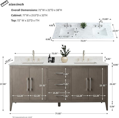 HomeBeyond 72 Inch Bathroom Vanity with Sink & Ceramic Top, Double Vanity Cabinet with Basin, Soft-Closing Doors & Matte Black Hardware, Driftwood Gray