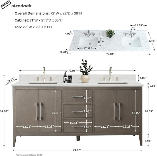 HomeBeyond 72 Inch Bathroom Vanity with Sink & Ceramic Top, Double Vanity Cabinet with Basin, Soft-Closing Doors & Matte Black Hardware, Driftwood Gray