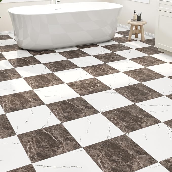 30-Pack 30 Sq.Ft Peel and Stick Floor Tiles Vinyl Matte Pattern Flooring, 12” x 12” Self Adhesive Vinyl Flooring DIY for Kitchen, Bathroom, Laundry, Brown&White Marble
